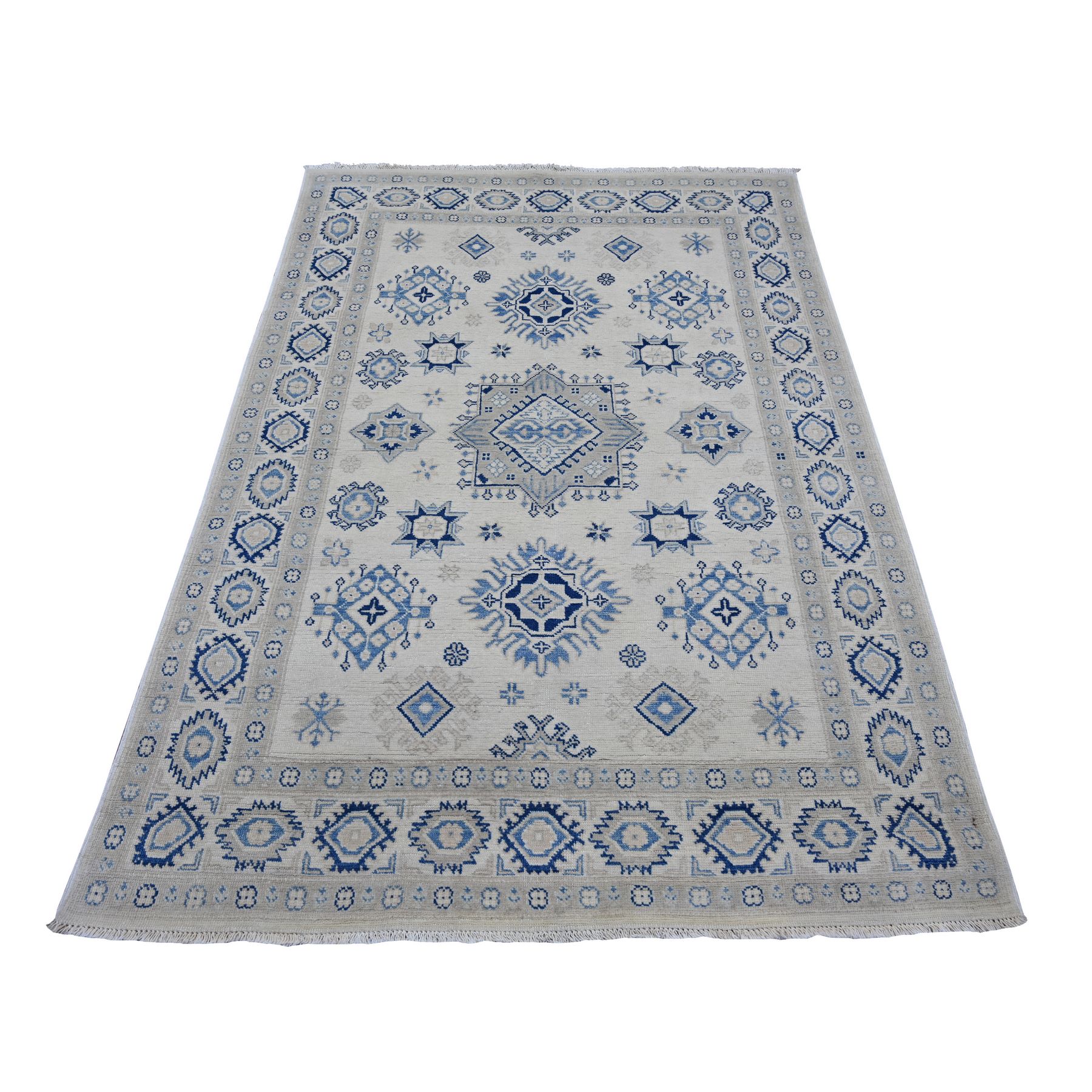 4'7"x6'5" Pearl White, Vintage Look Kazak with Geometric Floral Elements, 100% Wool, Hand Knotted, Natural Dyes, Oriental Rug 